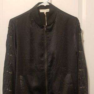 NWT Women's S Gilded Intent Black Satin Bomber Jacket